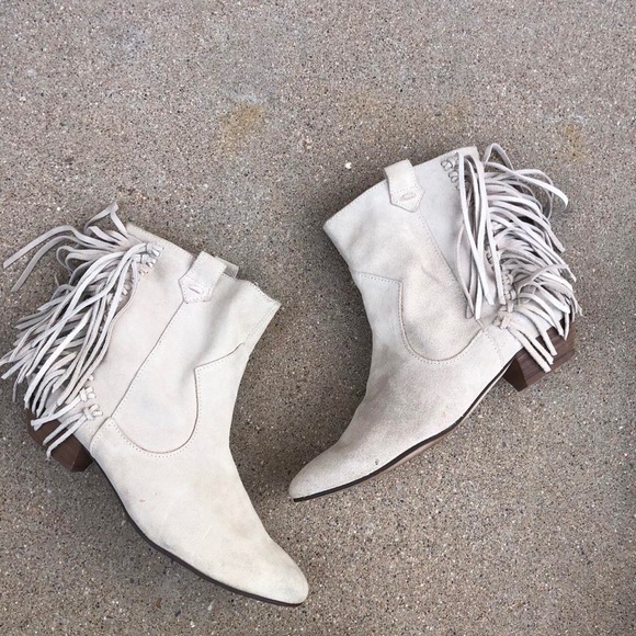 ZARA Cowboy Western Boho Festival Ankle Boots Booties Fringe Leather Suede Beige - Picture 1 of 8